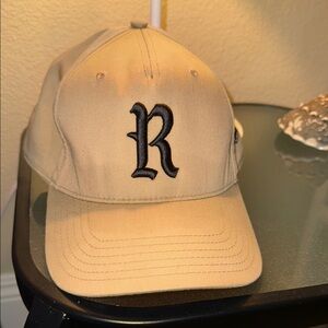 Tan and Black Baseball Cap with Gothic R Embroidery